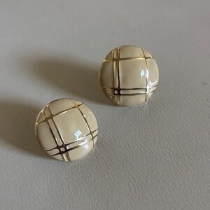 Vintage Cream and Gold Plaid clip on earrings